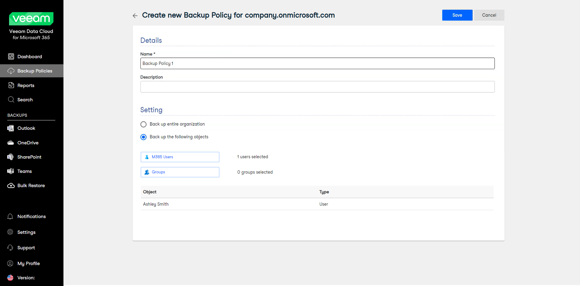 Creating New Express Backup Policy for Selected Items